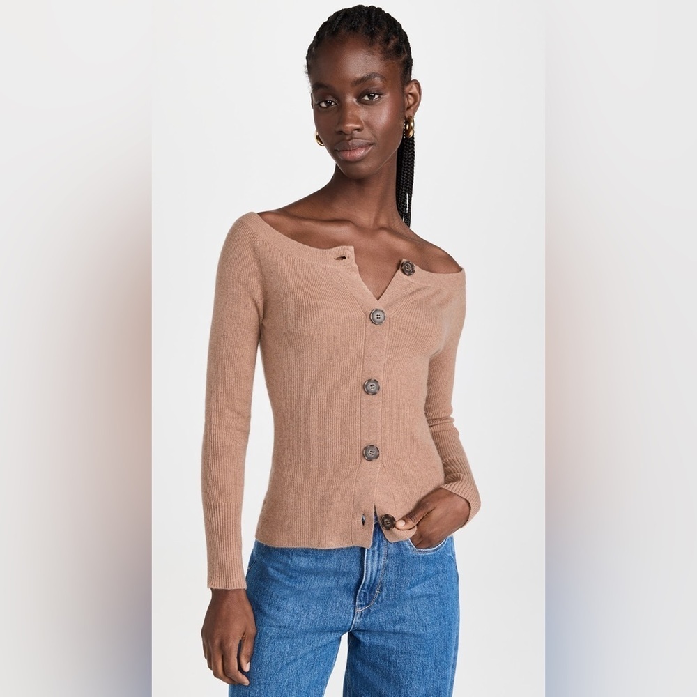Naadam Wool Cashmere Off the Shoulder Chestnut Brown Cardigan Sweater Top EUC XS